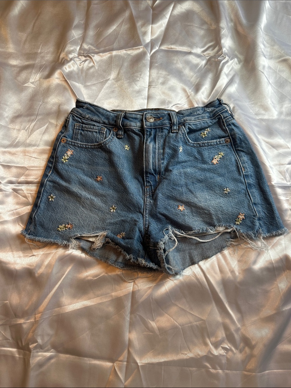 American Eagle Outfitters Embroidered Distressed Denim Shorts in Blue